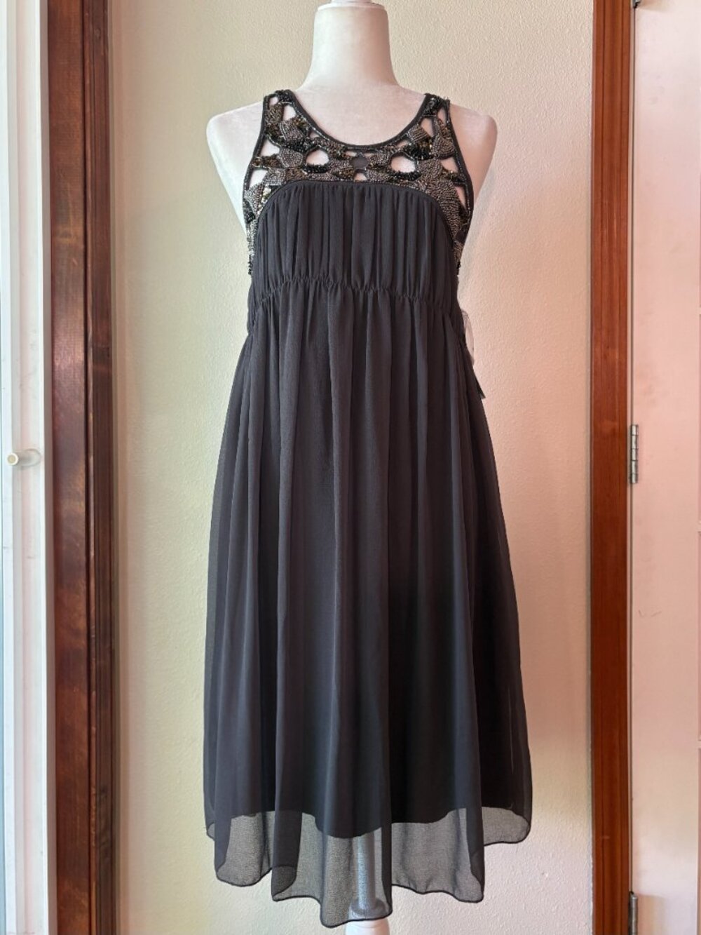 NWT Zara Charcoal Gray Party Dress Beaded Embellished Halter Neck Chiffon Size L